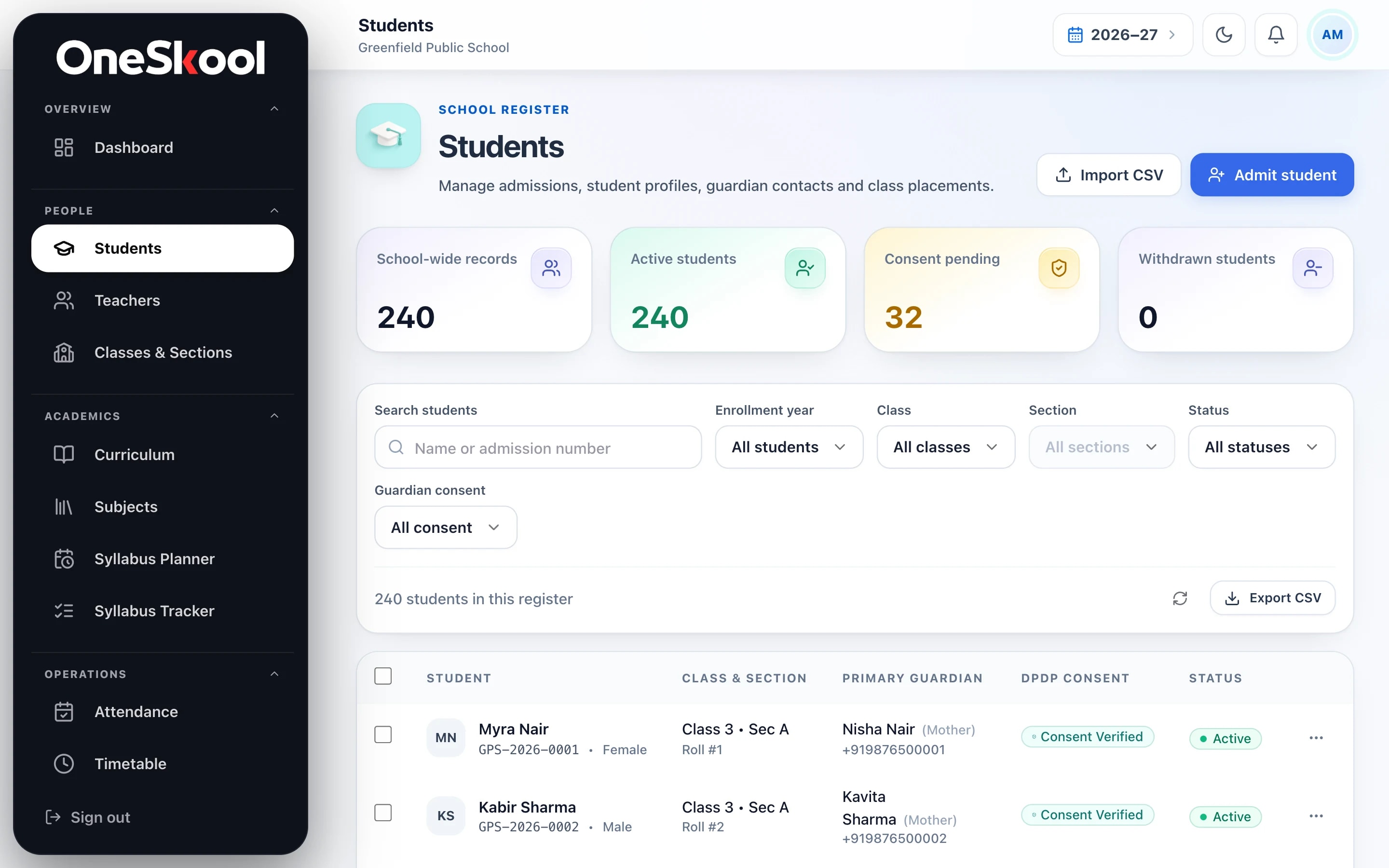 OneSkool student register: 240 active students, 32 with consent pending, each row with class and section, primary guardian and DPDP consent status.