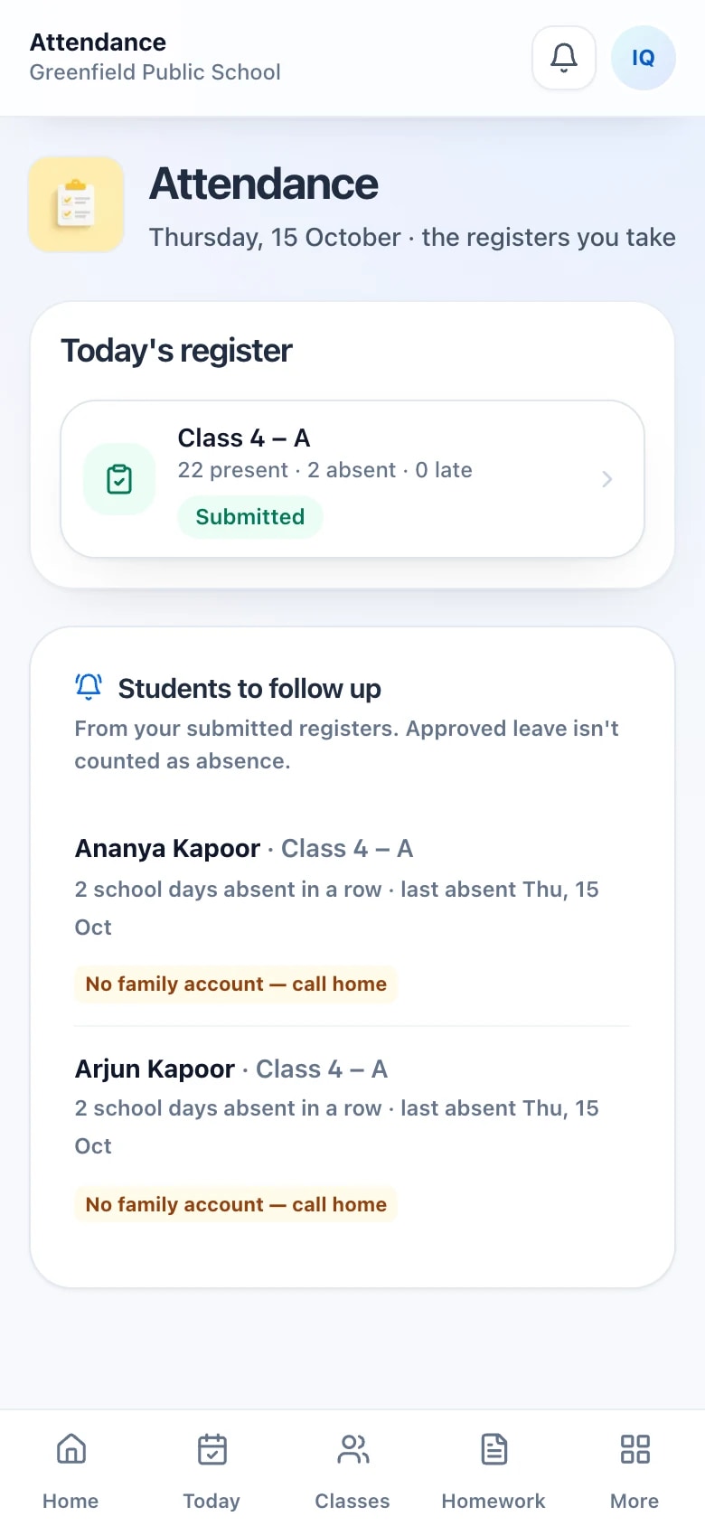 The class teacher's phone: Class 4 – A register submitted, and two students flagged after two school days absent in a row.