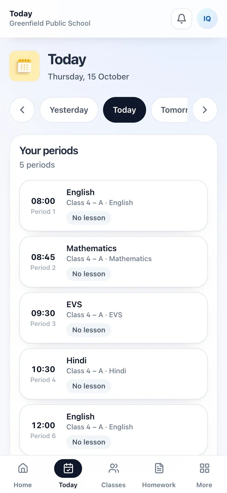 The teacher's phone: today's five periods for Class 4 – A, from English at 08:00.
